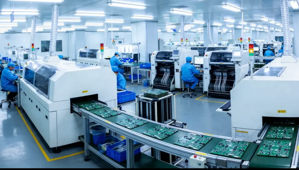 Modern contract manufacturing facility with automated PCB assembly lines, SMT machines, and quality control stations for hardware development