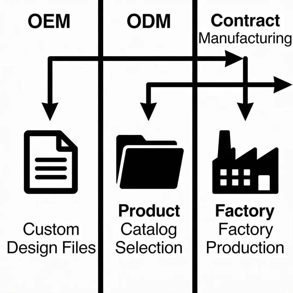 Comparison diagram showing three manufacturing models: OEM, ODM, and contract manufacturing for hardware development