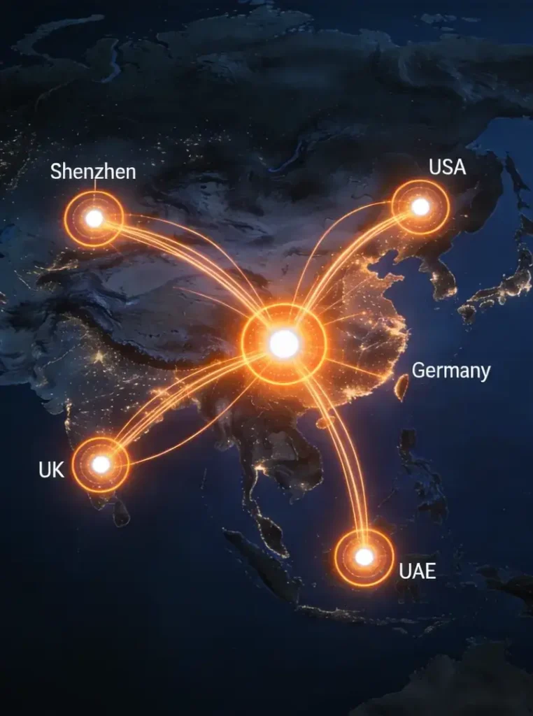 OPD DESIGN | Contract Manufacturing for Hardware Development: A Founder's Guide to Design-to-Production Global supply chain network connecting Shenzhen manufacturing hub to North America and Europe markets for contract manufacturing