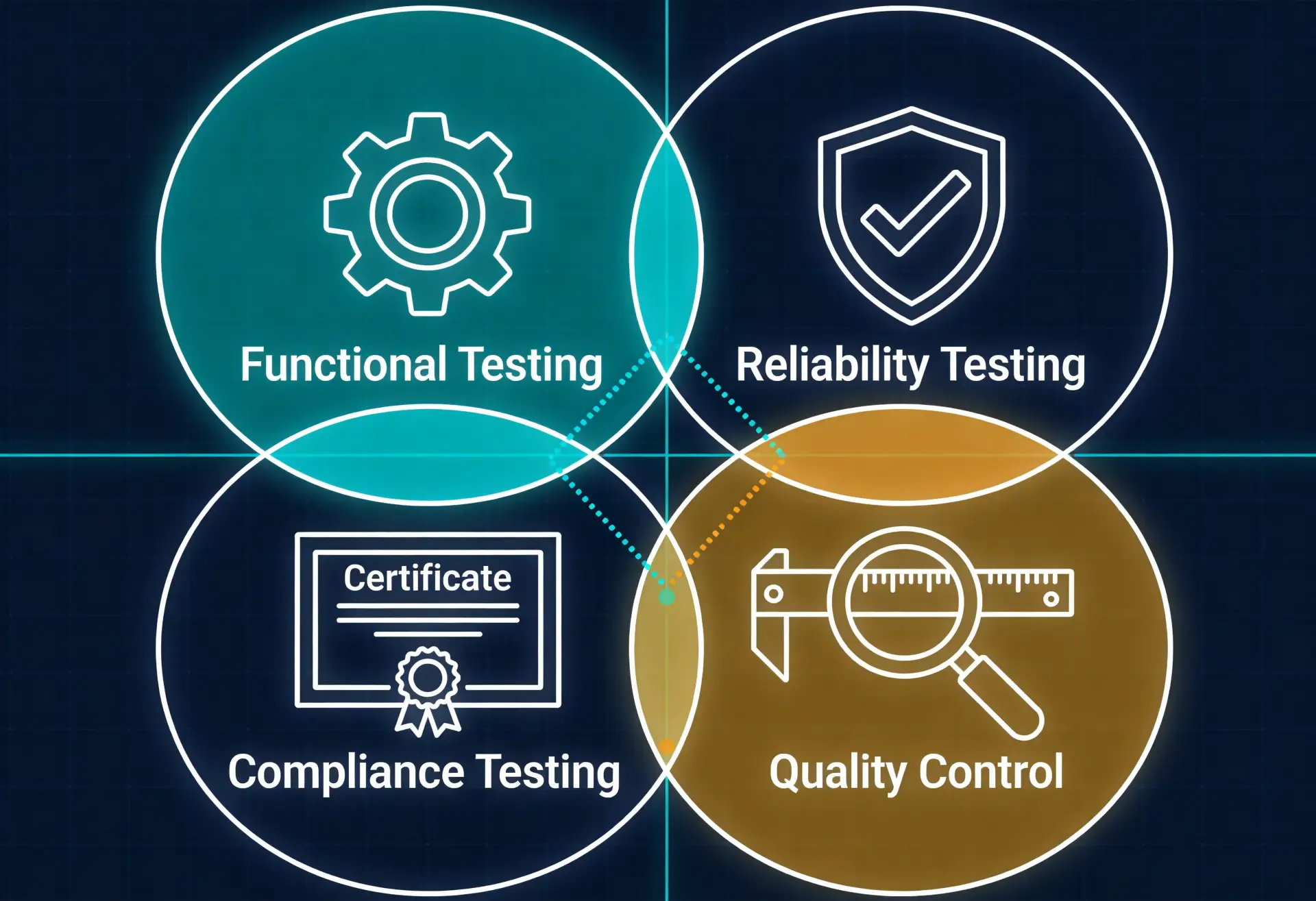 OPD DESIGN | Product Reliability Testing: How to Validate Hardware Before Mass Production Comparison of functional testing reliability testing compliance testing and quality control showing overlapping coverage areas