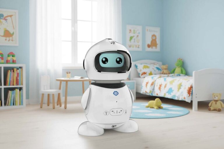 White and orange children's educational robot "XiaoYong" with rounded body and interactive display
